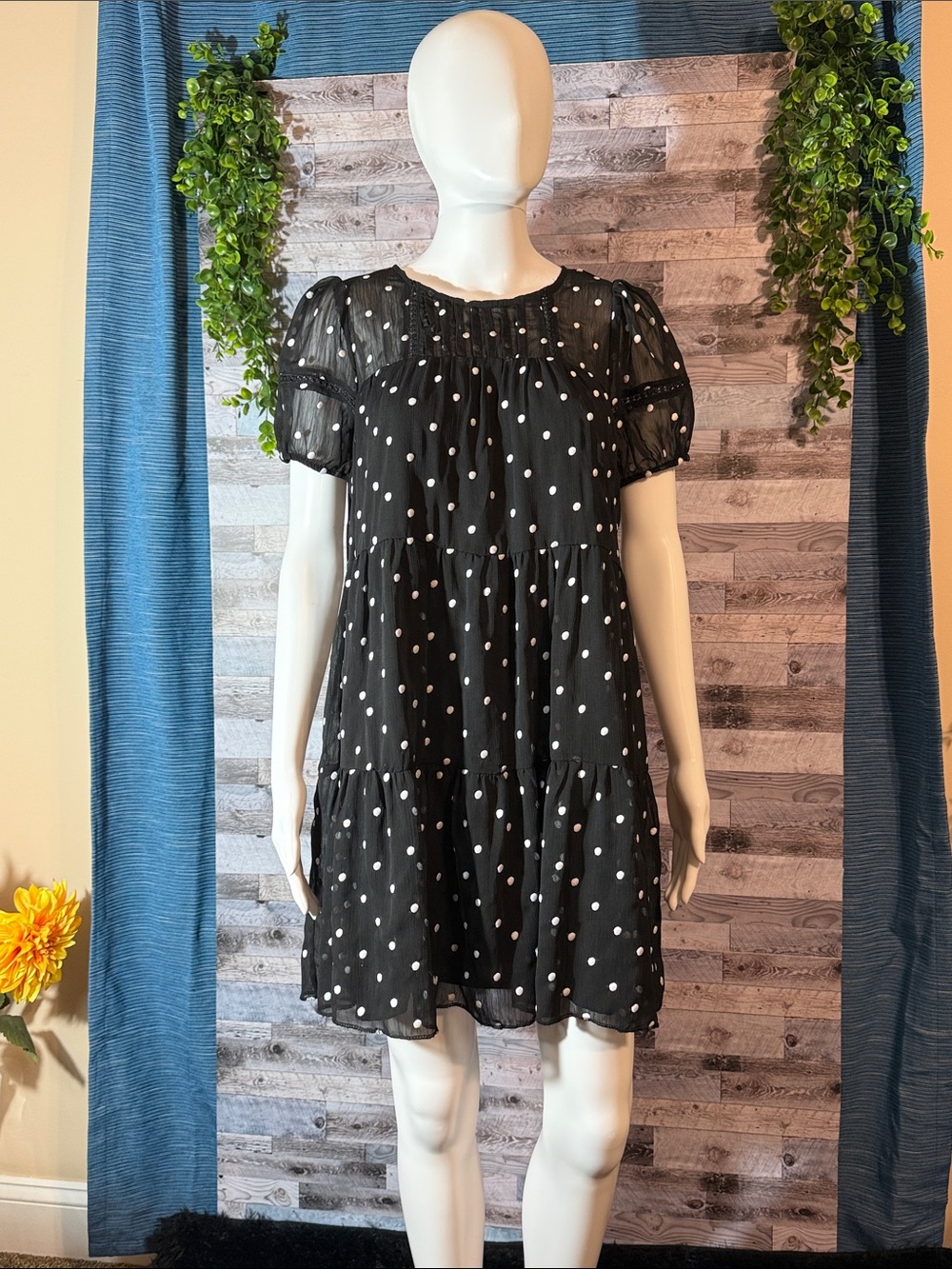 Blue Pepper Black Polka Dot Short Sleeve Tiered Dress